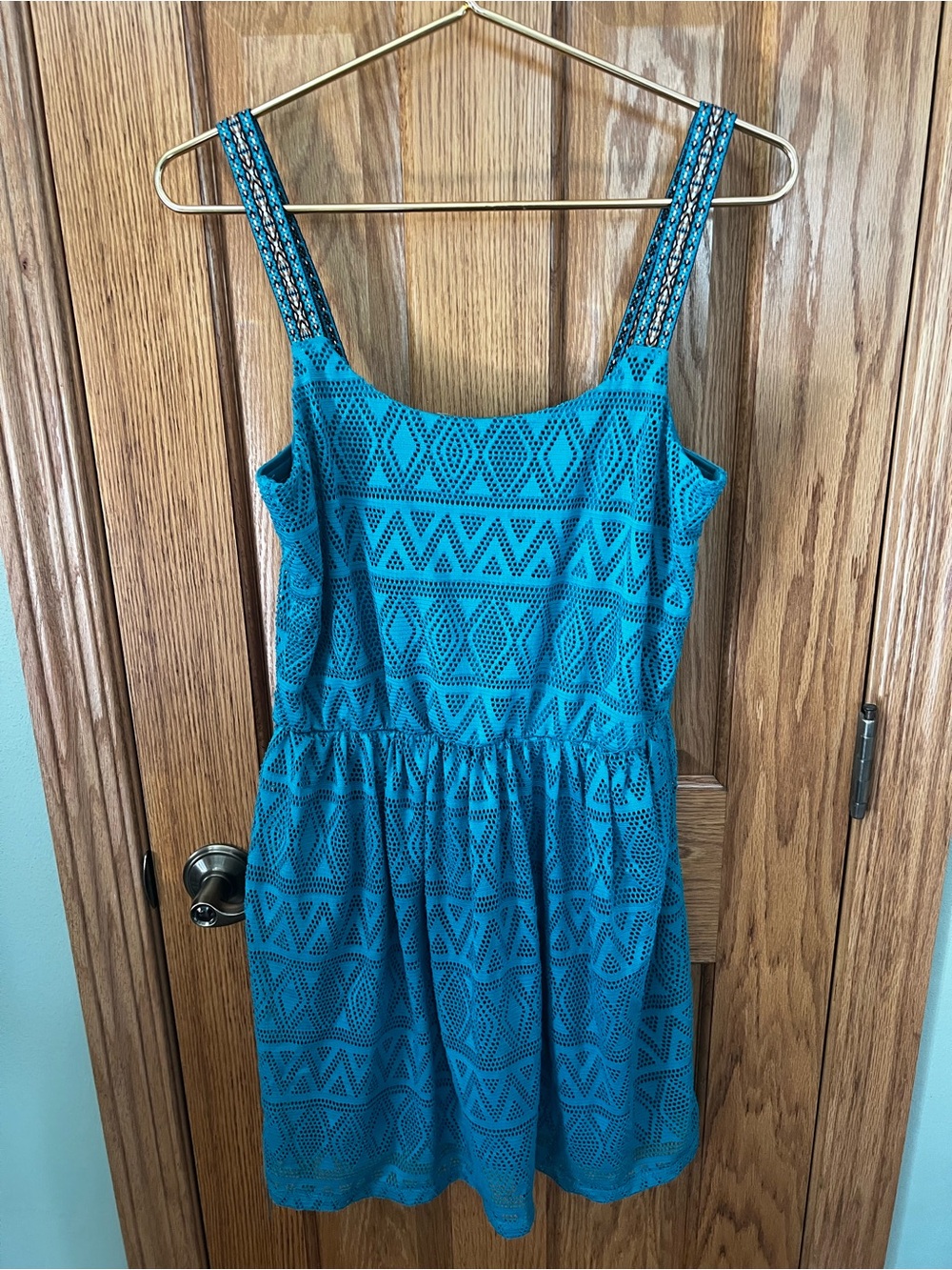 Three Hearts Teal Geometric Lace Mini Dress